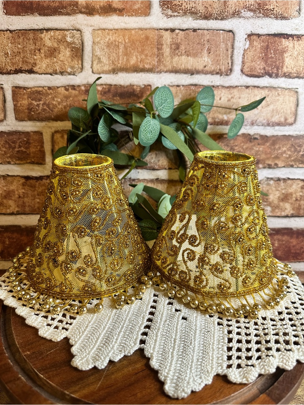NWT Nordstrom Golden Beaded Mesh Uno Fitting Mini Lamp Shades Set of 2